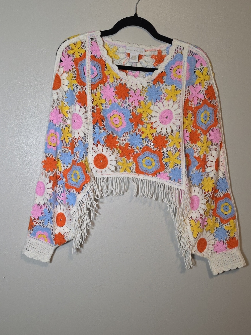 Crochet Floral Fringe Poncho Sweater - White Multi